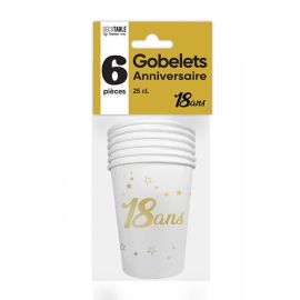 6 Gobelets en carton blanc et doré or anniversaire 18 ans 25cl