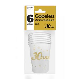 6 Gobelets en carton blanc et doré or anniversaire 30 ans 25cl