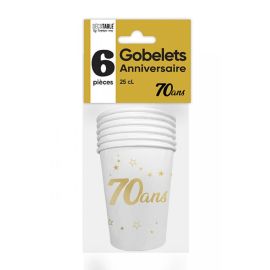 6 Gobelets en carton blanc et doré or anniversaire 70 ans 25cl
