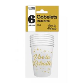 6 Gobelets en carton vive la retraite en blanc et doré or de 25cl
