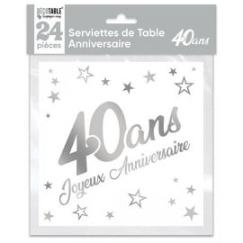 24 Serviettes de table en papier Argent 40 ANs