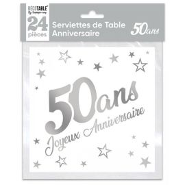 24 Serviettes de table en papier Argent 50 ANs