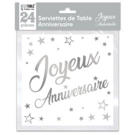 24 Serviettes de table en papier Joyeux Anniversaire Argent