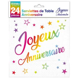 24 Serviettes de table en papier Joyeux Anniversaire Multicolore