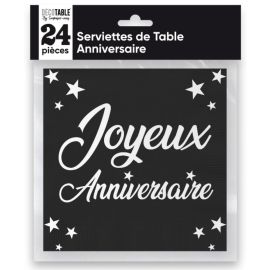 24 Serviettes de table en papier Joyeux Anniversaire Noire