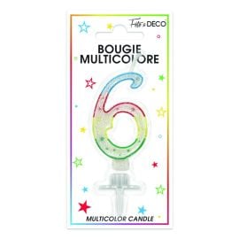 Bougie pailletée anniversaire chiffre 6 9cm x 4cm multicolore