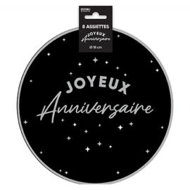 Assiettes en Carton Joyeux Anniversaire Noir et blanc 18 cm
