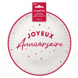 Assiettes en Carton Joyeux Anniversaire Rouge cerise 18 cm
