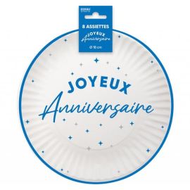 Assiettes en Carton Joyeux Anniversaire Bleu Touareg 18 cm
