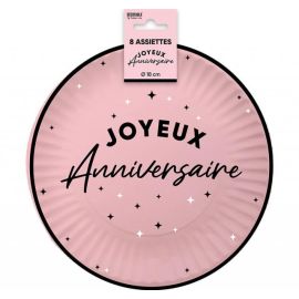 Assiettes en Carton Joyeux Anniversaire Rose poudré 18 cm
