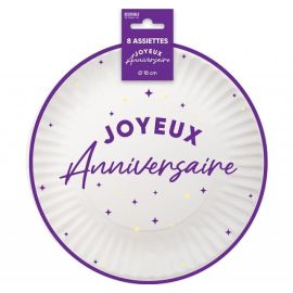 Assiettes en Carton Joyeux Anniversaire Violet astral 18 cm
