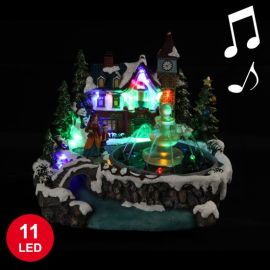 Village de Noel Miniature de la Fontaine Musical avec 11 LED