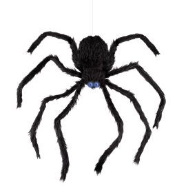 Araignée géante noire animée de 80 cm à suspendre avec des yeux lumineux pour Halloween, disponible sur Badaboum.fr