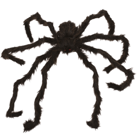 Immense araignée 160 cm poilue noire et marron aux yeux rouges pour effrayer vos convives à Halloween disponible sur Badaboum.fr.