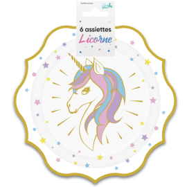 Six assiettes en carton décorées avec motif licorne, étoiles et liseré doré pour anniversaire enfant.