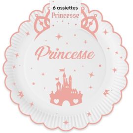 Pack de 6 assiettes à thème Princesse pour anniversaire, 20 cm de diamètre avec château et étoiles, en rose délicat - Badaboum.fr