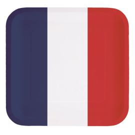 Assiettes Carrées France 23CM Bleu Blanc Rouge - Lot de 8 | Badaboum.fr