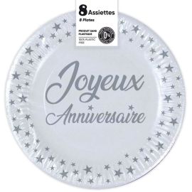 8 assiettes jetables blanches avec étoiles et inscription Joyeux Anniversaire pour décoration de table éco-responsable sur Badaboum.fr.