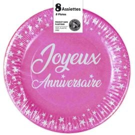 Assiettes x 8 anniversaire 18cm fuchsia , décoration fetes pas cher et livraison 24h rapide chez Badaboum