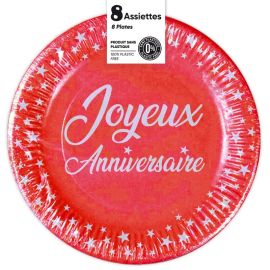 8 assiettes rondes jetables en carton rouge avec inscription 