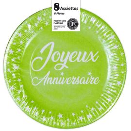 8 assiettes rondes jetables en carton verte avec inscription 