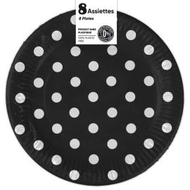 Assiettes rondes éco-responsables à pois noir de 18 cm, disponibles sur Badaboum.fr pour une célébration festive et responsable.