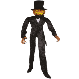 Dandy Citrouille sur pied de 2,40 m avec costume noir et chapeau, parfait pour décoration Halloween, disponible sur Badaboum.fr