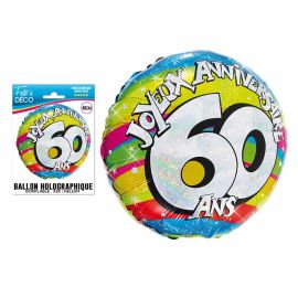 Ballon holographique coloré pour célébrer un 60ème anniversaire, 46 cm de diamètre, en aluminium, disponible sur Badaboum.fr.