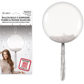 Ballon bulle transparent Ø 50 cm avec plumes blanches , idéal pour une décoration élégante, à trouver sur Badaboum.fr.