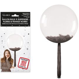 Ballon bulle transparent Ø 50 cm avec plumes noires, idéal pour une décoration élégante, à trouver sur Badaboum.fr.