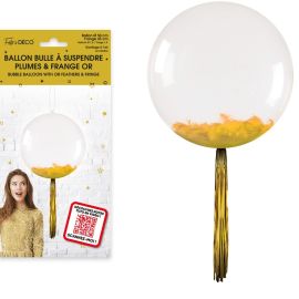 Ballon bulle transparent Ø 50 cm avec plumes blanches et franges doré , idéal pour une décoration élégante, à trouver sur Badaboum.fr.