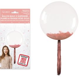 Ballon bulle transparent Ø 50 cm avec plumes Rose gold , idéal pour une décoration élégante, à trouver sur Badaboum.fr.
