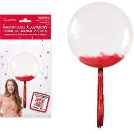 Ballon bulle transparent Ø 50 cm avec plumes rouge  idéal pour une décoration élégante, à trouver sur Badaboum.fr.