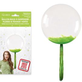 Ballon bulle transparent Ø 50 cm avec plumes vert anis, idéal pour une décoration élégante, à trouver sur Badaboum.fr.