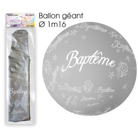 Ballon géant argent pour baptême de 1.16m décoré de motifs angéliques et étoiles, disponible sur Badaboum.fr.