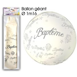 Ballon géant blanc pour baptême de 1.16m décoré de motifs angéliques et étoiles, disponible sur Badaboum.fr.