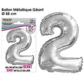 Ballon geant metallique argent chiffre 2 , décoration fetes pas cher et livraison 24h rapide chez Badaboum