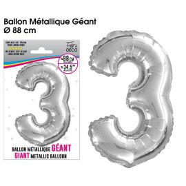 Ballon geant metallique argent chiffre 3 , décoration fetes pas cher et livraison 24h rapide chez Badaboum
