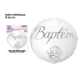 Ballon métallique baptême Blanc & Argent 46 cm avec motifs d'ange, idéal pour célébrations de baptême, disponible sur Badaboum.fr.