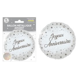 Ballon metal argent rond joyeux anniversaire , décoration fetes pas cher et livraison 24h rapide chez Badaboum