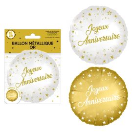 Ballon Joyeux Anniversaire 46 cm en blanc et doré, décoration festive idéale pour toutes les célébrations, disponible sur Badaboum.fr