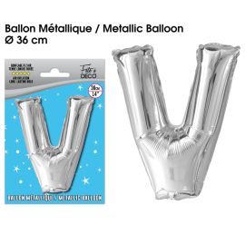 Ballon metallique argent lettre v , décoration fetes pas cher et livraison 24h rapide chez Badaboum