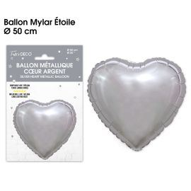 Ballon métallique en forme de cœur argenté de 50 cm en aluminium.