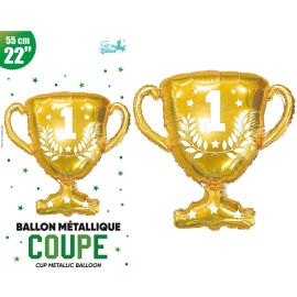 Ballon doré métallique en forme de coupe vainqueur de football 55cm, pour célébrations et décorations de fête, à retrouver sur Badaboum.fr