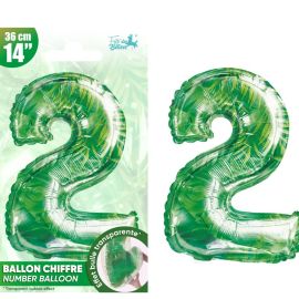 Ballon métallisé chiffre deux avec imprimé jungle, 36 cm, idéal pour décoration à thème safari ou jungle anniversaire, sur Badaboum.fr