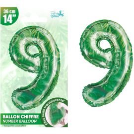 Ballon métallisé chiffre 9 avec imprimé jungle, 36 cm, idéal pour décoration à thème safari ou jungle anniversaire, sur Badaboum.fr