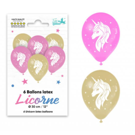 Six assiettes en carton décorées avec motif licorne, étoiles et liseré doré pour anniversaire enfant.