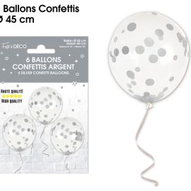 Lot de 6 ballons transparents avec confettis argentés de 45 cm, idéaux pour toutes occasions festives, disponibles sur Badaboum.fr.