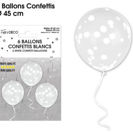 Lot de 6 ballons transparents avec confettis blanc de 45 cm, idéaux pour toutes occasions festives, disponibles sur Badaboum.fr.
