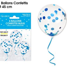 Lot de 6 ballons transparents avec confettis bleu turquoise de 45 cm, idéaux pour toutes occasions festives, disponibles sur Badaboum.fr.